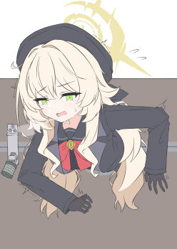1girl absurdres anger_vein beret black_coat black_gloves black_hat black_sailor_collar black_serafuku black_shirt blonde_hair blue_archive blush bow bowtie coat commentary_request fluffy_hair flying_sweatdrops gloves green_eyes halo hat highres lock long_hair long_sleeves mizusaki_(kn27) open_mouth padlock pillory professor_niyaniya_(blue_archive) red_bow red_bowtie sailor_collar school_uniform serafuku shirt simple_background solo tears white_background yellow_halo