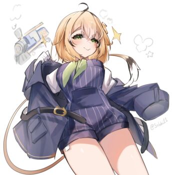 1girl ahoge blonde_hair blue_overalls dooby dooby_(1st_costume) gloves green_eyes indie_virtual_youtuber jacket jacket_partially_removed mouse_tail overalls short_hair smile sobbi11 solo sparkle tail thighs train twitter_username virtual_youtuber white_background white_gloves