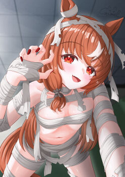 1girl absurdres animal_ears bandage_on_hair bandaged_chest bandages blush breasts brown_hair brown_tail ceiling commentary_request fingernails gamel_120 halloween_costume highres horse_ears horse_girl horse_tail long_hair looking_at_viewer mummy_costume nail_polish naked_bandage navel open_mouth red_eyes red_nails small_breasts smile solo still_in_love_(umamusume) tail thighs tile_ceiling tiles umamusume white_streaks