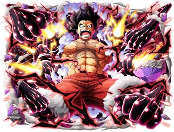 1boy abs attack black_hair blue_shorts bodskih clenched_hands full_body gear_fourth gear_fourth:_snakeman haki_(one_piece) hat injury jumping looking_at_viewer manly monkey_d._luffy muscular non-web_source official_art one_piece one_piece_treasure_cruise open_mouth outdoors punching scar scar_on_chest shiny_skin short_hair shorts solo steam straw_hat transparent_background unworn_hat unworn_headwear
