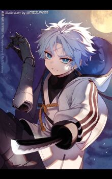 1boy blue_eyes blue_jacket earrings fate/grand_order fate_(series) full_moon grey_pants highres hood hood_down hooded_jacket jacket jewelry meiji_ken moon multicolored_jacket night pants prosthesis prosthetic_arm prosthetic_arm_removed prosthetic_sword scar scar_on_face scar_on_forehead shirt single_earring solo toudou_heisuke_(fate) triple_vertical_stripe turtleneck two-tone_jacket white_hair white_jacket white_shirt