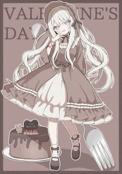 Rule 34 | 1girl, :d, absurdres, black bow, black bowtie, blue eyes, blunt bangs, blush, bonnet, border, bow, bowtie, brown background, brown bonnet, brown border, brown dress, brown shoes, cake, chocolate cake, commentary, dress, food, fork, full body, highres, long hair, long sleeves, looking at viewer, mamiro, open mouth, original, outline, outside border, oversized object, plate, shoes, simple background, smile, socks, solo, standing, untranslatable commentary, valentine, white hair, white outline, white socks
