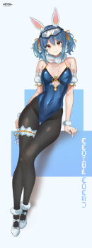 Rule 34 | 1girl, absurdres, alternate costume, animal ear fluff, animal ears, blue hair, blue leotard, character name, commentary, covered navel, detached sleeves, full body, fur-trimmed wrist cuffs, fur scarf, goggles, goggles on head, highleg, highleg leotard, highres, hikimayu, hololive, lancercomet, leotard, looking at viewer, pantyhose, playboy bunny, puffy detached sleeves, puffy sleeves, rabbit ears, rabbit girl, short eyebrows, short twintails, smile, solo, strapless, strapless leotard, twintails, usada pekora, virtual youtuber, wrist cuffs