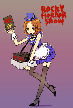 Rule 34 | 1girl, apron, breasts, brown eyes, brown hair, cleavage, closed mouth, copyright name, dress, dvd case, full body, garter straps, hat, high heels, holding, looking at viewer, mini hat, mini top hat, okameti, purple dress, shadow, short hair, smile, solo, the rocky horror picture show, thighhighs, top hat, waist apron, white apron, wrist cuffs, zettai ryouiki