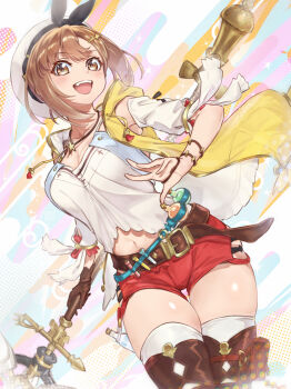 1girl absurdres atelier_(series) atelier_ryza atelier_ryza_1 belt belt_buckle beret black_bow boots bow bracelet breasts brown_belt brown_boots brown_eyes brown_gloves brown_hair buckle camisole cleavage commentary cowboy_shot detached_sleeves gloves hat hat_bow highres holding holding_staff jacket jewelry large_breasts looking_to_the_side mage_staff midriff multiple_bracelets navel necklace open_mouth potion red_shorts reisalin_stout short_hair short_shorts shorts single_glove sleeveless sleeveless_jacket smile solo staff standing star_(symbol) star_necklace teeth thigh_boots thighhighs thighs tororo_kafka upper_teeth_only white_camisole white_hat white_sleeves white_thighhighs yellow_jacket