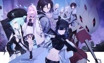 14yuruis 6+girls absurdres arius_squad_(blue_archive) armband atsuko_(blue_archive) azusa_(blue_archive) beatrice_(blue_archive) belt blue_archive blue_eyes blue_hair brown_hair colored_skin gun halo hat highres hiyori_(blue_archive) hood hoodie maia_(blue_archive) misaki_(blue_archive) multiple_girls multiple_wings navel pink_eyes pink_hair red_skin saori_(blue_archive) seraph subaru_(blue_archive) suzumi_(blue_archive) weapon wings