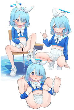 1girl absurdres arona_(blue_archive) ass barefoot blue_archive blue_eyes blue_hair blue_halo blush braid censored chair choker color_guide colored_inner_hair female_masturbation fingering hair_over_one_eye halo has_bad_revision has_downscaled_revision highres loli long_sleeves masturbation md5_mismatch multicolored_hair multiple_views navel on_chair open_mouth panties panties_around_leg pink_hair pkpkpppk pleated_skirt resolution_mismatch sailor_collar school_chair short_hair simple_background single_braid sitting skirt source_smaller toes underwear white_background white_choker white_panties white_sailor_collar white_skirt