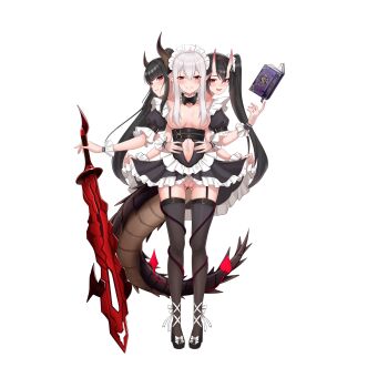 3girls absurdres conjoined demon_girl dragon_girl dragon_tail extra_arms highres maid multiple_girls multiple_heads original pointy_ears red_eyes tail xuecheng