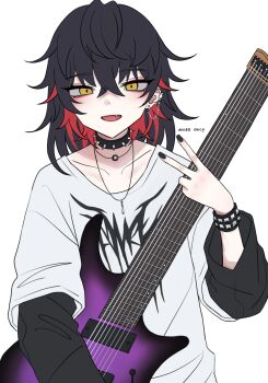 Rule 34 | 1girl, androgynous, anies kouhai, black hair, black nails, blaxervant, choker, collar, commentary, guitar, highres, hitnex, holding, holding guitar, holding instrument, instrument, j-core, looking at viewer, multicolored hair, print shirt, punk, red hair, shirt, short hair, simple background, smile, solo, spiked collar, spikes, streaked hair, studded wristband, two-tone hair, upper body, v, white shirt, wristband, yellow eyes