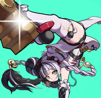 1girl absurdres aqua_nails bare_shoulders black_hair black_shorts braid braided_twintails china_dress chinese_clothes closed_mouth clothing_aside commentary_request corded_phone detached_sleeves dialyn_(zenless_zone_zero) dress green_background hair_extensions hair_ornament hairclip handstand highres kraken_bio long_hair looking_at_viewer multicolored_hair multicolored_nails necktie one_arm_handstand pelvic_curtain pelvic_curtain_aside phone red_nails ring_hair_extensions shorts solo sparkle sparkling_eyes split-color_hair thighhighs tongue tongue_out white_hair white_thighhighs wire yellow_eyes yellow_necktie zenless_zone_zero