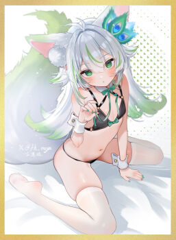 1girl :o absurdres animal_ear_fluff animal_ears antenna_hair arm_support bare_shoulders between_legs bikini black_bikini border brown_border fh_moya flat_chest gradient_hair green_eyes green_hair green_nails grey_hair hair_intakes hand_between_legs hand_up highres long_hair looking_at_viewer multicolored_hair nail_polish navel no_shoes o-ring o-ring_bikini o-ring_top original parted_lips skindentation solo streaked_hair swimsuit tail thighhighs very_long_hair white_thighhighs wrist_cuffs