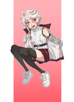 1girl :d bare_shoulders belt black_belt black_thighhighs blush chinese_commentary commentary elbow_gloves full_body gloves hair_between_eyes highres jacket jiguang_haibao open_clothes open_jacket open_mouth red_background red_eyes red_shorts shirt shoes short_hair shorts shy_(character) shy_(series) smile solo sweatdrop teeth thighhighs white_background white_jacket white_shirt