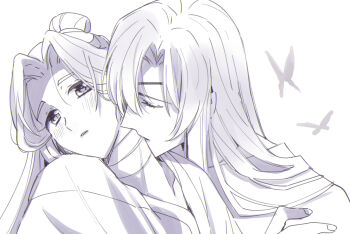 2boys bandaged_neck bandages blush bug butterfly chinese_clothes closed_eyes couple eyepatch fduki_maro greyscale hair_between_eyes hair_bun hanfu hua_cheng insect kiss kissing_neck long_hair male_focus monochrome multiple_boys parted_bangs parted_lips simple_background single_hair_bun tianguan_cifu upper_body white_background xie_lian yaoi
