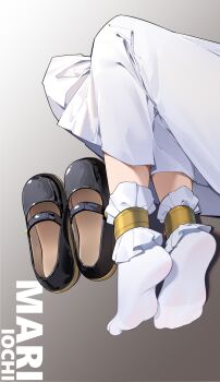 1girl black_shoes blue_archive bobby_socks character_name chinese_commentary commentary_request dress feet foot_focus highres lower_body mari_(blue_archive) mary_janes no_shoes painterliuhao shoes socks soles solo unworn_shoes white_dress white_socks