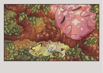 Rule 34 | 0 0, animal focus, blush, cleffa, closed eyes, closed mouth, gen 1 pokemon, gen 2 pokemon, highres, in tree, jigglypuff, nintendo, no humans, onamuzi illust, open mouth, outdoors, pichu, pokemon, pokemon (creature), pokemon focus, sleeping, smile, togepi, tree