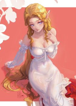 1girl artist_name balo_badartist bare_shoulders blue_eyes breasts cleavage commentary detached_sleeves dress dress_flower flower hand_on_own_chest highres long_dress long_hair medium_breasts nintendo parted_bangs pink_background pointy_ears princess_zelda red_flower red_rose rose sidelocks sitting solo symbol-only_commentary the_legend_of_zelda wavy_hair white_dress white_sleeves