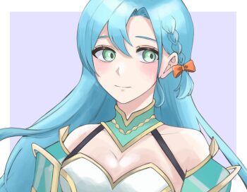 1girl aqua_hair armor bow braid breasts chloe_(fire_emblem) cleavage commentary_request earrings fire_emblem fire_emblem_engage green_eyes highres jewelry large_breasts long_hair nintendo orange_bow sayaka_(fe_uma274) shoulder_armor side_braid solo teardrop_earrings