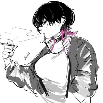 1girl belt_collar black_choker black_collar black_eyes black_hair breasts choker cigarette collar collarbone ear_piercing earclip enbi_shima grey_jacket hair_over_one_eye high_collar highres holding holding_cigarette jacket jellyfish_cut large_breasts looking_down medium_hair multicolored_hair numbered piercing pink_hair rororoji_(enbi_shima) shirt smoke smoking two-tone_hair upper_body white_shirt