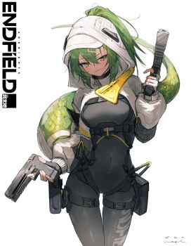 Rule 34 | 1girl, absurdres, arknights, arknights: endfield, black bodysuit, black gloves, bodysuit, breasts, closed mouth, commentary, copyright name, covered navel, dated, dual wielding, fingerless gloves, fluorite (arknights), gloves, green eyes, green hair, gun, hair ornament, hair through hood, hairclip, highres, holding, holding gun, holding weapon, hood, hood up, hooded shrug, long hair, long sleeves, looking at viewer, medium breasts, ponytail, pouch, pppmepl, puffy long sleeves, puffy sleeves, scales, shrug (clothing), signature, simple background, smile, snake tail, solo, tail, thigh gap, thigh pouch, thigh strap, weapon, white background