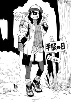1girl backpack bag baseball_cap belt black_pantyhose coat cyclops greyscale hand_in_pocket hat long_sleeves looking_at_viewer medium_hair monochrome one-eyed original outdoors pantyhose path ribbed_shirt road rock shirt shorts sign smile socks solo standing tree v white_socks yakochu