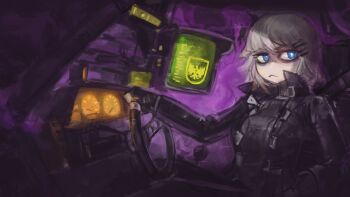 1girl :&lt; bags_under_eyes black_bodysuit black_coat black_gloves blue_eyes bodysuit breasts bright_pupils brush_stroke buttons car_interior coat color_contrast commentary crossover driving english_commentary engrish_commentary feet_out_of_frame fumes_(game) gloves hair_ornament hairclip highres left-hand_drive looking_to_the_side marie_(peripeteia) monitor official_art open_clothes open_coat painterly peripeteia popped_collar purple_background short_hair sitting sketch small_breasts solo steering_wheel trench_coat triangle_button white_hair white_pupils zer0frostart