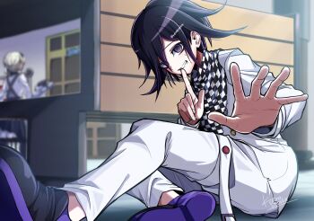 Rule 34 | 1boy, 1girl, black hair, blurry, blurry background, checkered clothes, checkered scarf, commentary request, criss-cross back-straps, danganronpa (series), danganronpa v3: killing harmony, depth of field, finger to mouth, flipped hair, foreshortening, from side, grey hair, hair between eyes, hiding, highres, kujira pyon ka, long sleeves, looking at viewer, male focus, nervous smile, nervous sweating, oma kokichi, pants, purple eyes, purple hair, reaching, reaching towards viewer, ringed eyes, scarf, shirt, short hair, shushing, sidelighting, signature, sitting, smile, solo focus, sweat, teeth, thigh strap, tojo kirumi, twitter username, two-tone scarf, white shirt