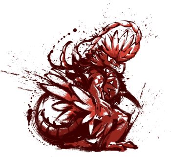 Rule 34 | artist request, dragon, fine art parody, full body, koraidon, monochrome, nihonga, nintendo, official art, open mouth, parody, pokemon, pokemon (creature), pokemon focus, red theme, solo, third-party source, transparent background