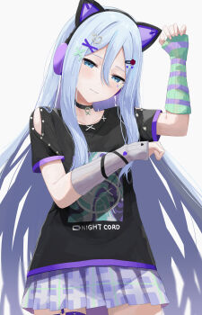 Rule 34 | 1girl, absurdres, animal ear headphones, animal ears, arm warmers, black choker, black shirt, blue eyes, blue hair, blush, cat ear headphones, cat ears, choker, claw pose, closed mouth, clothes writing, clothing cutout, collarbone, commentary request, cowboy shot, decora, dot nose, facial mark, fake animal ears, grey arm warmers, group name, hair between eyes, hair ornament, hairclip, half-closed eyes, headphones, heart, heart facial mark, heart hair ornament, highres, kunizaki, long bangs, long hair, long hair between eyes, looking at viewer, miniskirt, mismatched arm warmers, negai wa itsuka asa wo koete (project sekai), official alternate costume, partial commentary, paw facial mark, plaid clothes, plaid skirt, pleated skirt, project sekai, purple skirt, shirt, short sleeves, shoulder cutout, sidelocks, simple background, skirt, smile, solo, standing, striped arm warmers, sweatdrop, thigh strap, two-tone arm warmers, very long hair, white background, x hair ornament, yami kawaii, yoisaki kanade