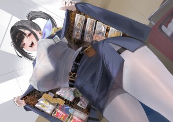 1girl absurdres belt belt_buckle benz_(rita29) black_belt black_hair blue_jacket blue_skirt blush bra_visible_through_clothes breasts buckle butt_plug cellphone condom condom_box condom_wrapper earrings from_below goddess_of_victory:_nikke highres huge_breasts jacket jewelry long_hair looking_at_viewer looking_down miniskirt open_clothes open_jacket open_mouth opened_by_self panties panties_under_pantyhose pantyhose pantyshot phone red_eyes see-through_clothes see-through_shirt sex_toy shirt shirt_tucked_in skirt smartphone smile snake snake_earrings solo sora_(nikke) teeth thighs twintails underwear white_pantyhose white_shirt