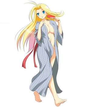 Rule 34 | 1girl, :o, antenna hair, arms up, barefoot, bath yukata, blonde hair, blue eyes, border, breasts, cleavage, fanning self, full body, game cg, hair intakes, holding table tennis paddle, japanese clothes, kimono, large breasts, linea alba, long hair, looking back, naked kimono, navel, official art, open clothes, open kimono, parted bangs, senran kagura, senran kagura new wave, shima (pattern), simple background, solo, sweat, white background, yoshimitsu (senran kagura), yukata