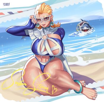 1girl artist_name barefoot beach blonde_hair blue_eyes breasts day earrings flatillustrator_khan highres jeff_(marvel) jewelry large_breasts long_hair looking_at_viewer marvel marvel_rivals official_alternate_costume one_eye_closed outdoors sand signature sue_storm sue_storm_(azure_shade) water white-framed_eyewear