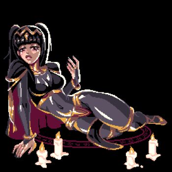 1girl animated animated_gif arm_support black_background black_bridal_gauntlets black_hair black_nails bodystocking breasts bridal_gauntlets candle cape cleavage commentary covered_navel english_commentary fingernails fire fire_emblem fire_emblem_awakening full_body g_(jiskeyjasket) lips long_hair looking_at_viewer lying magic magic_circle makeup medium_breasts nintendo on_side parted_lips pelvic_curtain pixel_art pyrokinesis simple_background solo tharja_(fire_emblem) tiara twintails