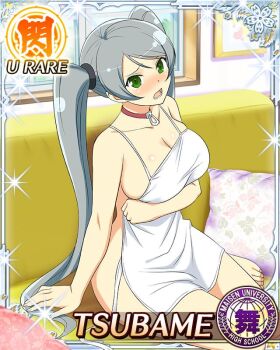 1girl :o apron arm_under_breasts barefoot blush border breasts card_(medium) character_name choker cleavage couch day embarrassed game_cg green_eyes grey_hair large_breasts long_hair looking_at_viewer naked_apron official_art on_couch red_choker senran_kagura senran_kagura_new_wave sitting skindentation solo swept_bangs third-party_source tsubame_(senran_kagura) twintails very_long_hair white_apron