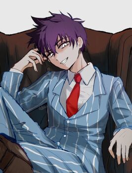 Rule 34 | 1boy, antenna hair, arm rest, artist name, blue jacket, blue pants, bossman hero, brown shoes, buttons, collared shirt, commentary, couch, cowboy shot, crossed legs, english commentary, fingernails, grey background, hair behind ear, hair between eyes, hand up, hero (headspace) (omori), hero (omori), jacket, knee up, layered sleeves, long sleeves, looking at viewer, male focus, necktie, official alternate eye color, omori, on couch, pants, pinstripe jacket, pinstripe pants, pinstripe pattern, purple hair, rami 1300, red necktie, shirt, shoes, short hair, simple background, sitting, slit pupils, solo, very short hair, white eyes, white shirt