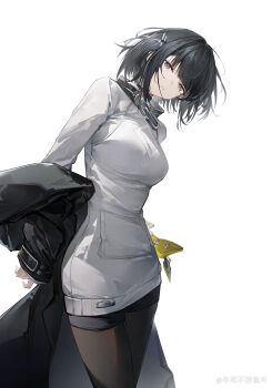 1girl :/ :d absurdres arknights arknights:_endfield bansibuhuo_yu_pian black_coat black_hair black_pantyhose black_shoes blunt_bangs breasts brown_eyes closed_mouth coat collared_sweater commentary cropped_torso double_v endministrator_(arknights) female_endministrator_(arknights) full_body grey_eyes grey_sweater hair_intakes hair_ornament hand_up hands_up high_collar highres light_blush long_sleeves looking_at_viewer medium_hair multiple_views open_clothes open_coat open_mouth pantyhose pocket shoes sidelocks simple_background small_breasts smile sweater v white_background