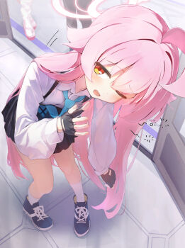 ahoge arm_up black_gloves black_shoes black_skirt blue_archive blue_necktie chest_harness door dot_nose fingerless_gloves fingernails floor gloves hair_intakes hair_over_shoulder halo harness highres hoshino_(blue_archive) leaning_forward legs light_blush long_hair long_sleeves looking_at_another looking_up necktie one_eye_closed open_mouth orange_eyes pink_hair pink_halo pleated_skirt pointing puffy_sleeves raised_eyebrow shoes skirt socks thighs white_sleeves white_socks yamada_auto yawning