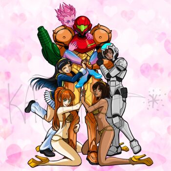 6+girls arm_cannon arm_hug assault_visor black_hair blue_jacket blue_skin breasts brown_eyes brown_hair clinging closed_eyes colored_skin commentary damara_(metroid) dark-skinned_female dark_skin energy_being english_commentary full_body gandrayada gandrayda green_eyes harem heart heart_background hugging_another&#039;s_leg interlocked_fingers jacket kajira kneeling large_breasts long_hair looking_at_viewer metal_bikini metroid metroid_manga_bikini_girls metroid_prime_3:_corruption metroid_prime_4:_beyond multiple_girls nintendo nora_armstrong orange_hair pink_background pink_eyes pink_hair pink_skin ponytail power_suit_(metroid) samus_aran school_uniform short_hair signature skirt smile socks standing varia_suit weapon white_skirt white_socks yuri