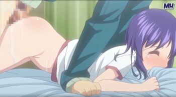 1boy 1girl bad_tag blush boy_on_top crying crying_with_eyes_closed cum cum_in_pussy cum_on_body doggystyle flat_chest fucked_silly highres loli petite purple_hair sex sex_from_behind shirt skinny teacher_and_student vaginal white_shirt