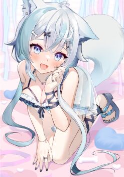 1girl :d ahoge animal_ear_piercing animal_ears bandaid bandaid_on_arm bandaid_on_leg bandaid_on_thigh bikini bikini_top_only black_bikini black_nails black_ribbon blue_bikini blue_eyes blue_hair blush bone bone_hair_ornament bracelet breasts chain chain_necklace cleavage commentary_request curled_fingers dress frilled_bikini frills hair_between_eyes hair_ornament hand_on_own_face heart heart-shaped_lock heart-shaped_pillow heart_background high_heel_sandals highres hiiragi_non indie_virtual_youtuber jewelry kneeling large_breasts leaning_forward leg_wrap long_hair long_sidelocks looking_at_viewer multicolored_hair necklace nemuzzz_nemu open_mouth pillow pink_background platform_sandals ribbon ring safety_pin safety_pin_hair_ornament sandals second-party_source sidelocks smile solo streaked_hair sundress swimsuit tail twintails very_long_hair virtual_youtuber wolf_ears wolf_girl wolf_tail wrist_wrap