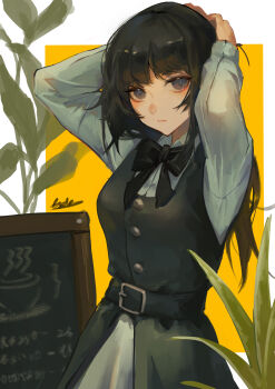 1girl arm_behind_head belt black_belt black_bow black_bowtie black_dress black_hair bow bowtie chalkboard_sign dress expressionless grey_eyes highres long_hair looking_at_viewer original plant shirt signature silence. solo white_shirt