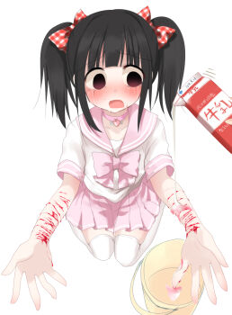1girl bad_id bad_pixiv_id black_hair blood bow bucket copyright_request crying drink_carton hair_bow highres milk_carton non-web_source school_uniform self-harm solo spill textless_version translation_request twintails white_background wrist_cutting yuyulovedoz