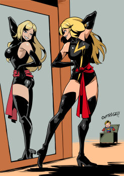 2girls black_boots black_gloves black_leotard blonde_hair blue_eyes boots box breasts captain_marvel carol_danvers commentary commission dual_persona elbow_gloves english_commentary gloves hand_in_own_hair hand_on_own_hip heattech_leotard highres impossible_clothes impossible_leotard kukuruyo leotard long_hair marvel medium_breasts mirror ms._marvel multiple_girls no_mask short_hair smile superhero_costume thigh_boots turtleneck