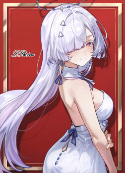 1girl absurdres alternate_breast_size_(larger) alternate_costume artist_name bare_shoulders breasts closed_mouth colored_eyelashes commentary earrings from_side grey_hair hair_intakes hair_ornament hair_over_one_eye halo highres jewelry long_hair looking_at_viewer looking_to_the_side lsh1ne medium_breasts mornye_(wuthering_waves) red_eyes smile solo triangle_earrings upper_body wuthering_waves