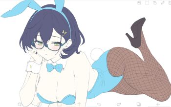 1girl alternate_costume animal_ear_hairband animal_ears arm_under_breasts armpit_crease art_program_in_frame bare_shoulders black_hair black_shoes blue_archive blue_bow blue_bowtie blue_hairband blue_leotard blush bow bowtie breasts brown_pantyhose chihiro_(blue_archive) cleavage closed_mouth commentary curvy detached_collar eyelashes fake_animal_ears fake_tail fishnet_pantyhose fishnets flat_color frown full_body green_eyes hair_between_eyes hair_ornament hairband hand_on_own_cheek hand_on_own_face hand_up high_heels highleg highleg_leotard highres ibispaint_(medium) large_breasts leotard looking_at_viewer lying on_stomach pantyhose playboy_bunny rabbit_ears rabbit_hair_ornament rabbit_tail shoes short_hair simple_background strapless strapless_leotard symbol-only_commentary tail the_pose thighs wa_sumi white_background white_wrist_cuffs wrist_cuffs