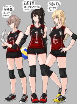 3girls ball blonde_hair breasts brown_eyes brown_hair commentary_request elbow_pads fuku_(fuku12290574) grey_background hair_between_eyes hand_wraps heel_up highres holding holding_ball knee_pads large_breasts long_hair looking_to_the_side makino_(fuku_(fuku12290574)) medium_breasts multiple_girls original ponytail red_eyes shoes short_shorts shorts sidelocks sneakers sportswear takamine_(fuku_(fuku12290574)) tall_female tank_top thighs translation_request volleyball volleyball_uniform yagami_(fuku_(fuku12290574))