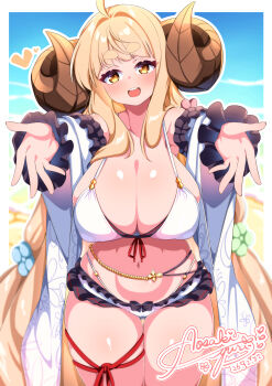 Rule 34 | absurdres, anila (granblue fantasy), anila (summer) (granblue fantasy), beach, bikini, blonde hair, breasts, commentary request, curled horns, detached sleeves, draph, frilled bikini, frills, goat horns, granblue fantasy, head tilt, heart, highres, horns, hutomayu yu, large breasts, outstretched hand, ribbon-trimmed bikini, ribbon trim, swimsuit, thick eyebrows, thigh strap, thighs, white bikini, yellow eyes