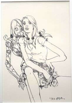 1girl 1other absurdres araki_hirohiko doll_joints flower_ornament greyscale hair_bobbles hair_ornament hand_on_own_hip highres hirose_yasuho humanoid_robot joints jojo_no_kimyou_na_bouken jojo_pose jojolion lips long_hair looking_at_viewer map_print monochrome official_art paisley_park_(stand) robot second-party_source shirt short_sleeves sketch skirt traditional_media