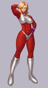 1girl abs absurdres armor bikini bikini_armor blue_eyes bodysuit boots breastplate breasts commentary commission english_commentary f-zero forehead full_body gloves hand_on_own_hip highres impossible_armor knee_boots medium_breasts medium_hair mrs._arrow muscular muscular_female nintendo purple_gloves red_bodysuit silver_bikini silver_boots skin_tight solo sotcho standing swimsuit thick_thighs thighs