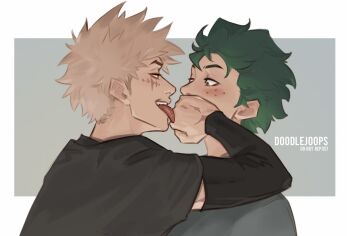 2boys bakugou_katsuki black_shirt blonde_hair blush boku_no_hero_academia commentary compression_sleeve covering_another&#039;s_mouth doodlejoops english_commentary facial_scar freckles green_eyes green_hair grey_shirt hand_over_another&#039;s_mouth male_focus midoriya_izuku multiple_boys scar scar_on_cheek scar_on_face shirt short_hair short_sleeves spiked_hair t-shirt teeth tongue tongue_out upper_body upper_teeth_only watermark yaoi