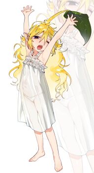 1girl black_eyes blonde_hair dress highres hufy leaf long_hair looking_at_viewer nintendo one_eye_closed open_mouth outstretched_arms panties personification pikmin_(series) pointy_ears see-through_clothes simple_background solo underwear white_background white_dress yellow_pikmin zoom_layer